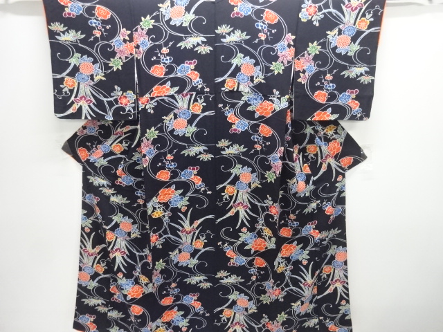 JAPANESE KIMONO / KOMON / CHIRIMEN / STREAM & FLOWER